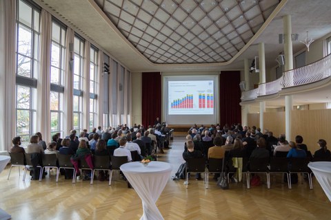 Das Foto zeigt den voll besetzten Saal der Abschlusskonferenz des SrV 2013 während eines Vortrages.