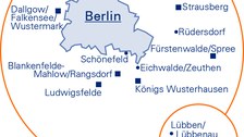 Die Grafik zeigt eine Karte des Großraums Brandenburg, in der die Lage der SrV-Städte und Untersuchungsräumen markiert und beschriftet ist.