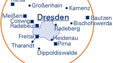 Die Grafik zeigt eine Karte des Großraums Dresden, in der die Lage der SrV-Städte und Untersuchungsräume markiert und beschriftet ist.