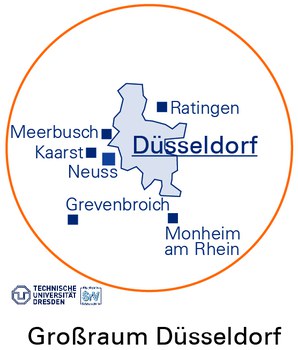 Die Grafik zeigt eine Karte des Großraums Düsseldorf, in der die Lage der SrV-Städte und Untersuchungsräume markiert und beschriftet ist.