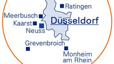 Die Grafik zeigt eine Karte des Großraums Düsseldorf, in der die Lage der SrV-Städte und Untersuchungsräume markiert und beschriftet ist.