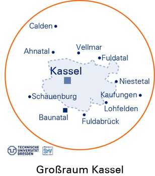 Die Grafik zeigt eine Karte des Großraums Kassel, in der die Lage der SrV-Städte und Untersuchungsräume markiert und beschriftet ist.