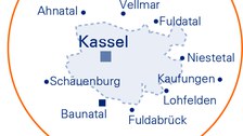 Die Grafik zeigt eine Karte des Großraums Kassel, in der die Lage der SrV-Städte und Untersuchungsräume markiert und beschriftet ist.