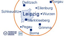 Die Grafik zeigt eine Karte des Großraums Leipzig, in der die Lage der SrV-Städte und Untersuchungsräume markiert und beschriftet ist.