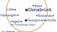 Die Grafik zeigt eine Karte des Großraums Osnabrück, in der die Lage der SrV-Städte und Untersuchungsräume markiert und beschriftet ist.