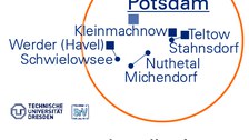 Die Grafik zeigt eine Karte des Landkreises Potsdam-Mittelmark, in der die Lage der SrV-Städte und Untersuchungsräume markiert und beschriftet ist.