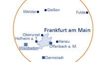 Die Grafik zeigt eine Karte des Großraums Rhein-Main, in der die Lage der SrV-Städte und Untersuchungsräume markiert und beschriftet ist.