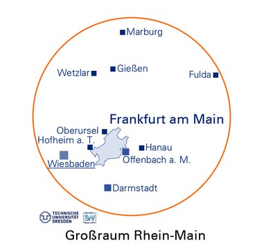 Die Grafik zeigt eine Karte des Großraums Rhein-Main, in der die Lage der SrV-Städte und Untersuchungsräume markiert und beschriftet ist.
