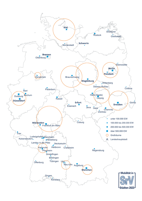 Die Grafik zeigt eine Deutschlandkarte, in der die Lage der SrV-Städte und Untersuchungsräume markiert und beschriftet ist.