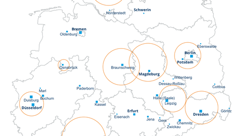Die Grafik zeigt eine Vorschau der Karte, in der die Lage der SrV-Städte und Untersuchungsräume markiert und beschriftet ist.