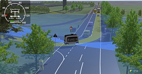 Grafik einer langen Straße. Ein automatisierter Bus bieht ab.