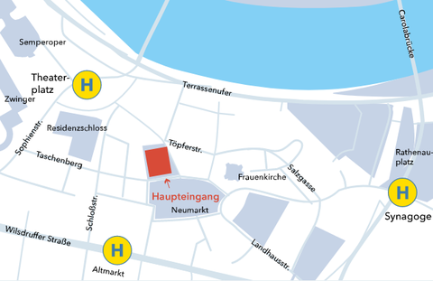 Eine Karte der Dresdner Innenstadt zeigt an, wo sich der Haupteingang des Museums befindet. 