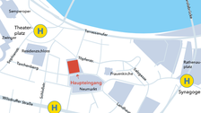 Eine Karte der Dresdner Innenstadt zeigt an, wo sich der Haupteingang des Museums befindet. 