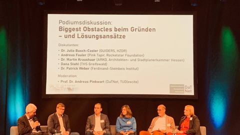 Podiumsdiskussion - 6 Teilnehemde sitzen im Halbkreis auf Sofa