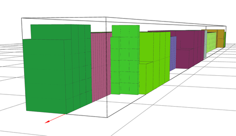 Different rectangular shapes in different colors are used to represent the piling up of goods in a container. 