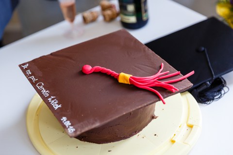 Cake in the shape of a doctoral cap.