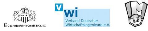 Collage aus 3 Logos: Zigarettenfabrik GmbH (links), VWI Verband Deutscher Wirtschaftsingenieure (mittig) und Logo des Lehrstuhl (rechts).