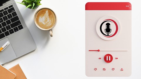 Auf der linken Bildhälfte sind ein aufgeklappter Laptop und eine Tasse Kaffee sichtbar, die rechte Bildhälfte beinhaltet die Abbildung einer Aufzeichnungsapp mit Mikrofon-Symbol.