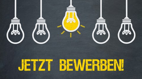 Man sieht mehrere Glühbirnen und die Aufforderung, dass man sich bewerben soll.