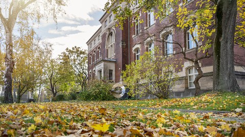 Man sieht ein Universitätsgebäude mit herbstlichen Blättern.