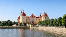 Im Hintergrund ist das Schloss Moritzburg zu sehen. Davor sieht man einen Teil des Teiches und Baumalleen.