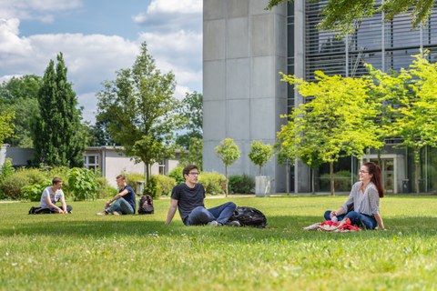 Zu sehen sind vier Studierende, die auf der Wiese vor dem Hörsaalzentrum sitzen 