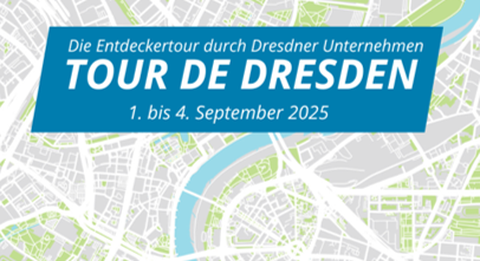 Zu sehen ist der Stadtplan von Dresden und der Schriftzug Tour de Dresden