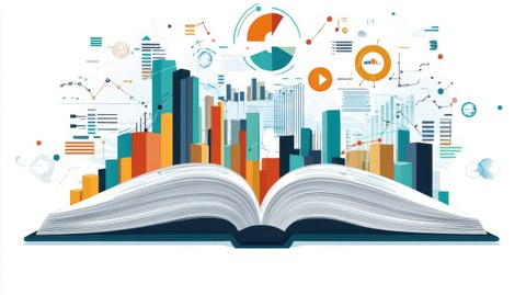 Zu sehen ist eine Grafik einer Stadt, die aus einem Buch hervorgeht