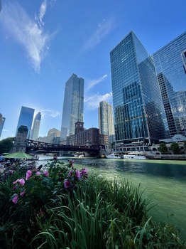 Man sieht die Skyline von Chicago.