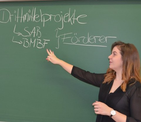 Es ist eine junge Frau zu sehen, die auf einen Schriftzug auf einer Tafel zeigt