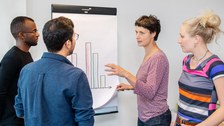 Foto von vier Personen, die im Workshop gemeinsam ein Diagramm auswerten.
