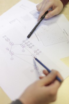 Zwei Personen arbeiten an einem Flussdiagramm. Nur ihre Hände sind zu sehen