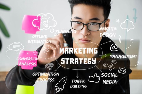 Das Foto zeigt einen jungen Mann, der mit einem Stift an eine durchsichtige Tafel schreibt. Darüber liegt eine Mindmap, die sich um den Begriff "Marketing Strategy" dreht. Sie betrachtet unterschiedlkiche Aspekte, wie "planning", "social media" und "optimization process".
