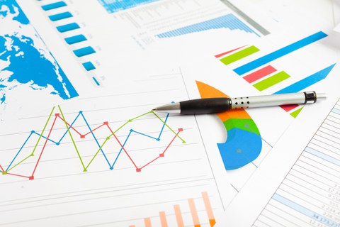Das Foto zeigt verschiedene ausgedruckte Blätter mit Statistiken und Grafiken. Auf den Blättern liegt ein Stift.