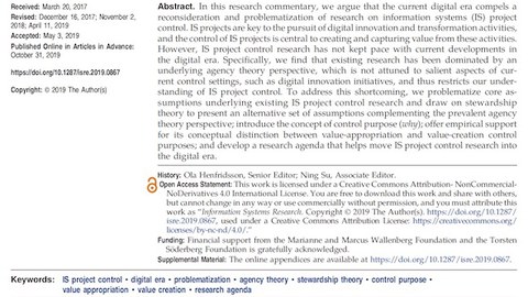 Photography of the article "Moving IS Project control Research into the Digital Era" in the journal Information Systems Research