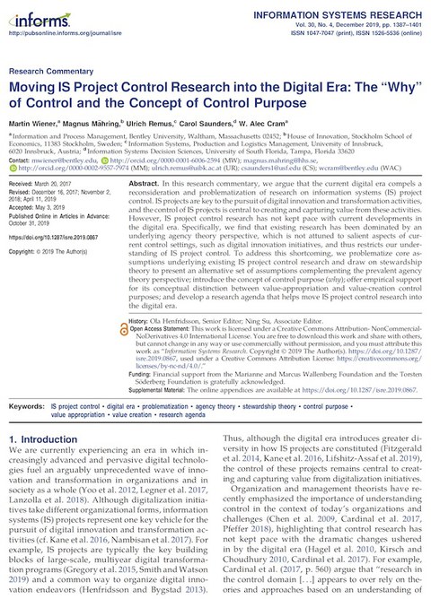 Photography of the article "Moving IS Project control Research into the Digital Era" in the journal Information Systems Research