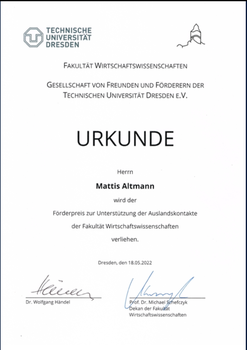 Förderpreis zur Unterstützung der Auslandskontakte 2022 Mattis Altmann