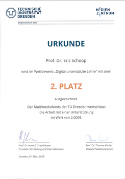 2. Platz im Wettbewerb Digital unterstütze Lehre des Multimediafonds der TU Dresden für die digitale Unterstützung hochschulübergreifender Lehre im Projekt LiT-PiV