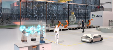 an automated production line and a modern building materials testing laboratory with a glass façade