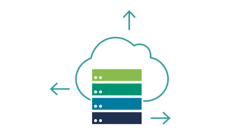 Icon of the research topic RA4-3 Data Synthesis – represented by a server tower in the colors of RA1, RA2, RA3, and RA5, with a cloud in the background and output arrows in the color of RA4.