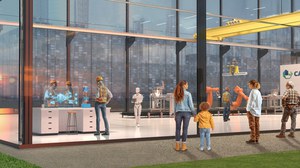 Menschen vor einer gläsernen Halle in dem eine Produktionsstrecke mit Roboterarmen die Betonteile herstellen, ein humanoider Roboter läuft und Wissenschaftler an einem Tisch stehend Experimente durchführen.