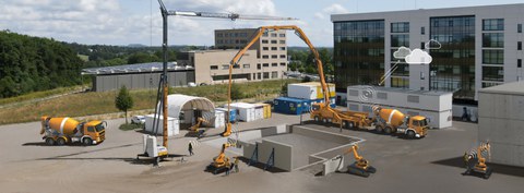 A construction site with numerous construction machines such as cranes, concrete mixers, and robots, all digitally connected and communicating with each other.