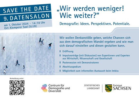 Save the Date der Veranstaltung. Darauf ist ein Bild mit wenigen Menschen zu sehen und der Titel der Veranstaltung. Sowie der Hiinweis dass die Veranstaltung am 1. Oktober im Klemperer Saal der SLUB stattfindet