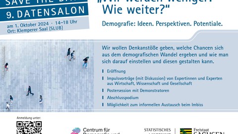 Save the Date der Veranstaltung. Darauf ist ein Bild mit wenigen Menschen zu sehen und der Titel der Veranstaltung. Sowie der Hiinweis dass die Veranstaltung am 1. Oktober im Klemperer Saal der SLUB stattfindet