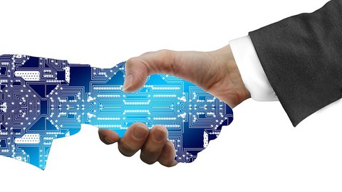 Bildkomposition aus dem Foto einer menschlichen Hand und einer Handform in hellblau und weiß mit Symbolen der Digitalisierung. 