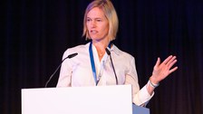 Foto. Prof. Dr. Birte Platow präsentiert beim All Hands Meeting 2024.