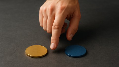 A human hand hovers over two coins on a dark background, as if choosing between them.