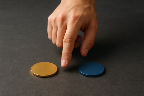 A human hand hovers over two coins on a dark background, as if choosing between them.