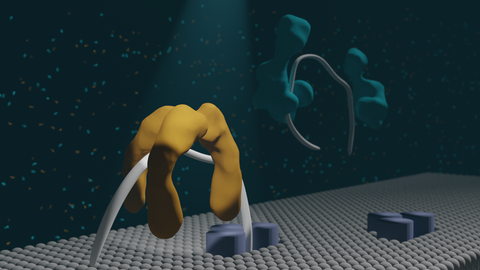 Shapes of different colors. Big yellow shape holds a white strand that otherwise disappears into a white border. In the background dark green shapes hold a white strand suspended in the air.