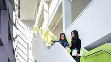 A photo. A three-stories high staircase inside a building. Two people are standing next to each other between the ground floor and the first floor. The person on the left is holding a folder with the TU Dresden logo in their hands. They are both looking at the contents of the folder and having a conversation. Light is coming from the side through a glass wall, illuminating the scene.